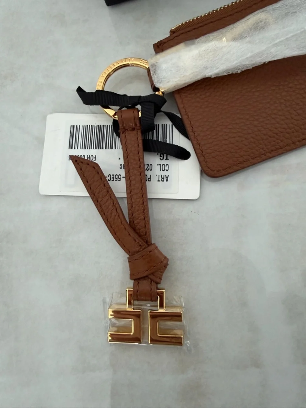 Elisabetta Franchi Cognac Leather Keychain with Zipper Case NWT In Gift Box